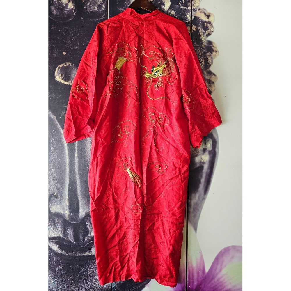 Vintage Red Satin Kimono Robe Gold Dragon Embroidery Long Loungewear Dress - Picture 10 of 13